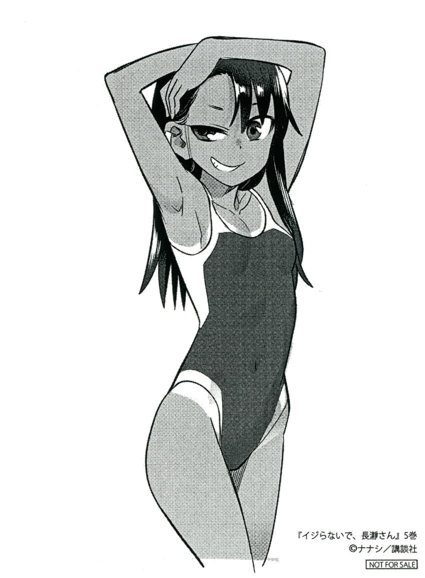 1girls 774_(nanashi) black_hair breasts clothed clothing earrings female_focus female_only hayase_nagatoro hi_res japanese_text long_hair monochrome please_don't_bully_me,_nagatoro pose revealing_clothes simple_background small_breasts solo swimsuit tan tanline tanned text translation_request watermark