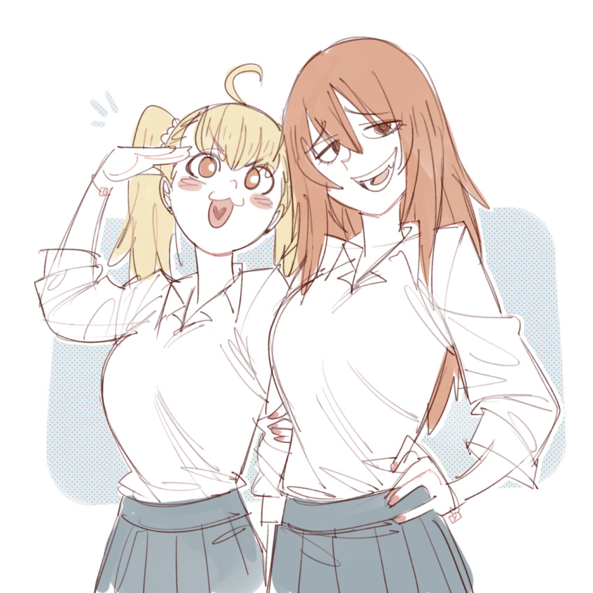 2girls big_breasts blonde_hair breasts brown_eyes cleavage female_focus female_only gamo-chan gutalalaman long_hair medium_hair multiple_girls open_mouth orange_eyes orange_hair please_don't_bully_me,_nagatoro school_uniform schoolgirl simple_background skirt teasing white_background yoshi_(nagatoro)