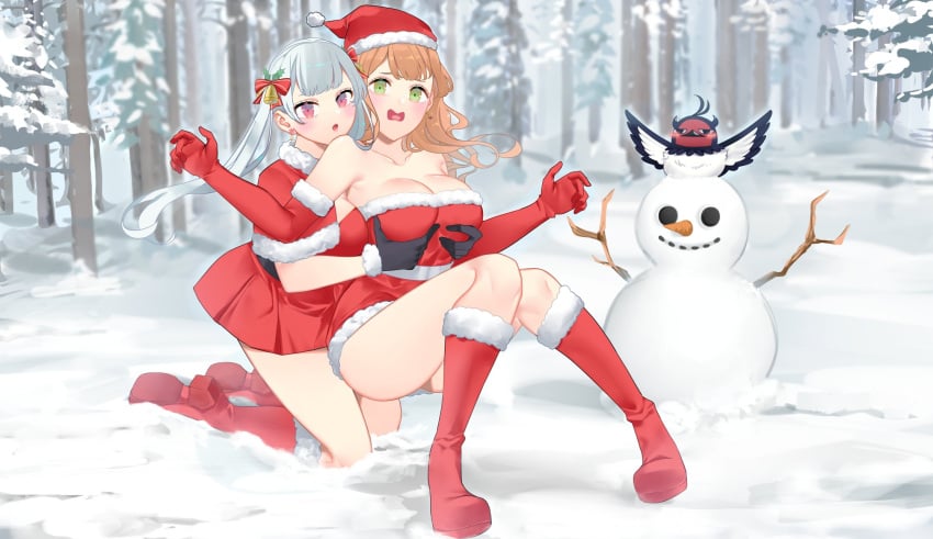 bare_legs bird black_clover blush boots breast_grab breasts christmas christmas_clothing christmas_hat christmas_outfit cleavage cold_setting cousins elbow_gloves forest_background fur_trim gloves green_eyes hair_ornament hat high_heel_boots incest kneeling knees_together_feet_apart long_hair mimosa_vermillion nero_(black_clover) noelle_silva orange_hair purple_eyes secre_swallowtail silver_hair snow snowman strapless_dress tagme white_hair yuri