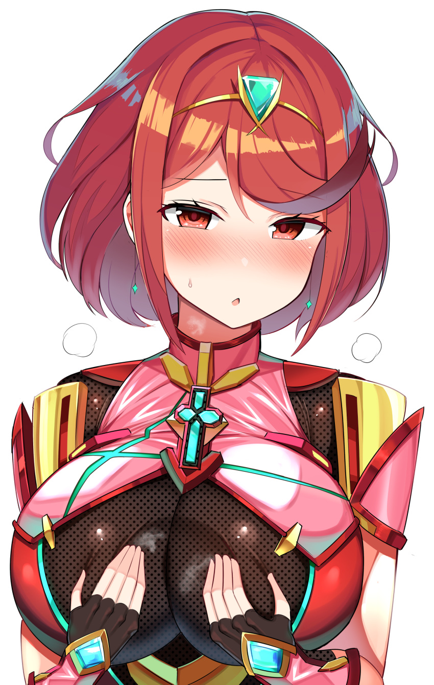 1girls 2022 bangs blush breasts bust_portrait core_crystal embarrassed female female_only hair_ornament hi_res huge_breasts jakko nintendo png pyra red_clothing red_eyes red_hair short_hair simple_background swept_bangs tiara tight_clothing tight_fit visible_breath white_background xenoblade_(series) xenoblade_chronicles_2