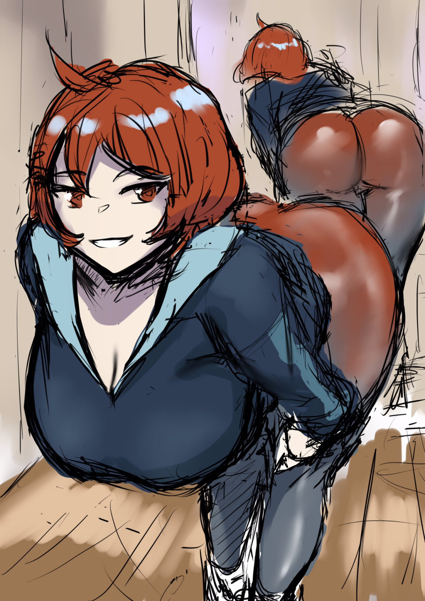 alternate_breast_size arezu_(pokemon) big_ass clothed female huge_breasts mirror nintendo pokemon pokemon_legends:_arceus red_eyes red_hair solo yukidaruma