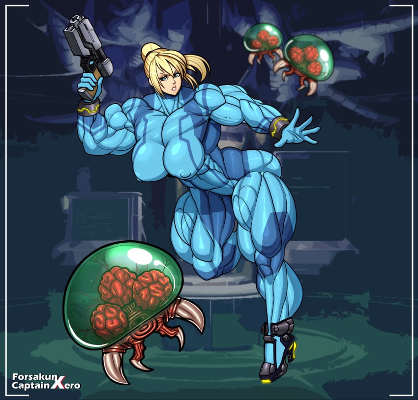 alternate_breast_size biceps big_muscles blonde_hair blue_eyes breasts busty captainxero extreme_muscles female forsakun gun large_breasts legs metroid metroid_(creature) muscles muscular muscular_female muscular_thighs nintendo ponytail samus_aran solo thick_thighs weapon zero_suit zero_suit_samus