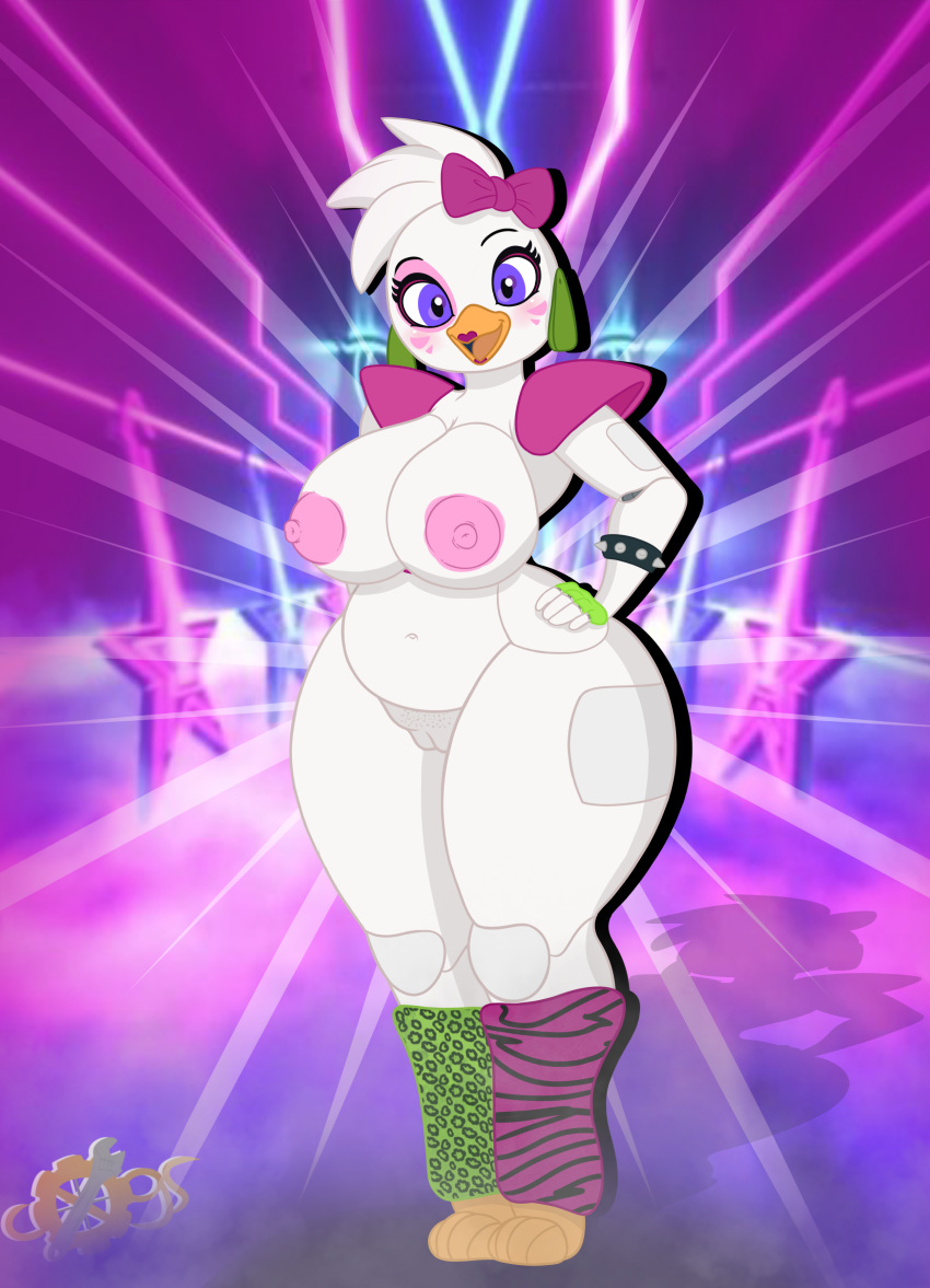 absurd_res animatronic anthro avian big_breasts bird breasts chicken clothed clothing cogsfixmore female fingerless_gloves five_nights_at_freddy's five_nights_at_freddy's:_security_breach furry galliform gallus_(genus) genitals glamrock_chica_(fnaf) handwear hi_res legwear mostly_nude naked nude phasianid pussy scottgames solo thick_thighs video_games wide_hips