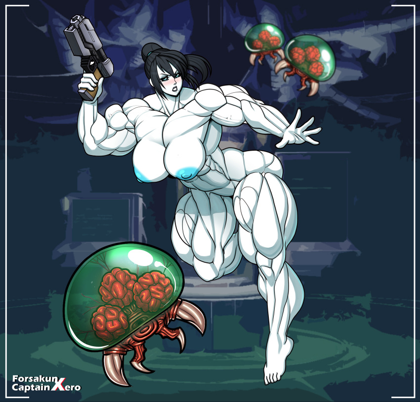 alternate_breast_size biceps big_muscles black_hair black_sclera blue_eyes breasts busty captainxero cleavage dark_samus female forsakun gun large_breasts legs metroid metroid_(creature) muscles muscular muscular_female muscular_thighs nintendo nude pale-skinned_female pale_skin ponytail solo thick_thighs weapon