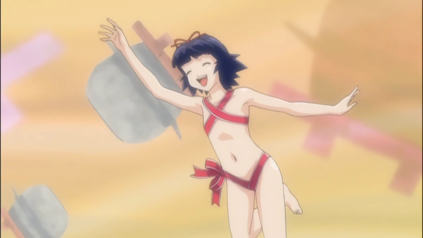 1boy background_pattern blue_hair bow closed_eyes femboy genbu_kitami hair_ribbon haramasete_seiryuu-kun! light-skinned_male naked naked_male nude nude_male pale-skinned_male ribbon_bondage ribbon_in_hair ribbon_only running screencap screenshot smiling smiling_at_another solo solo_focus solo_male trap