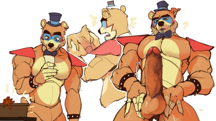 1boy abs animatronic anthro balls biceps blush bow_tie brown_body clothing ear_piercing erection featureless_crotch five_nights_at_freddy's five_nights_at_freddy's:_security_breach flustered genitals glamrock_freddy_(fnaf) hat headgear headwear hi_res machine male male_only mammal muscular muscular_anthro muscular_male nude otternito pecs penis piercing robot scottgames simple_background solo top_hat ursid video_games white_background