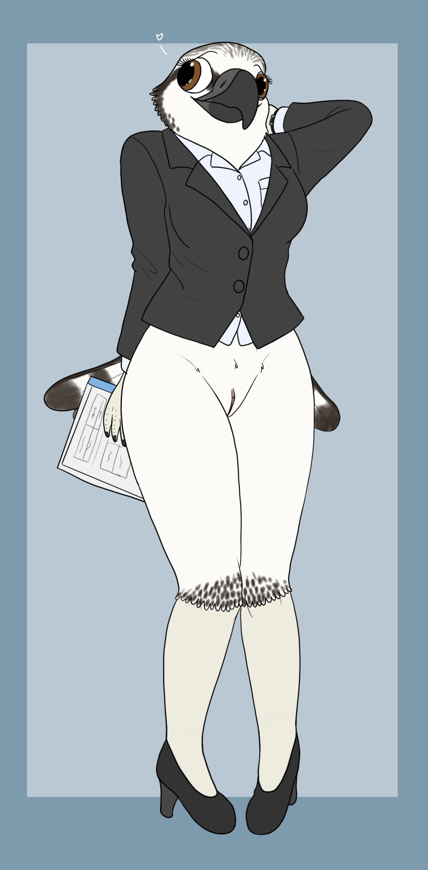 absurd_res accipitriform anthro avian bird bottomless bottomless_female brown_eyes business_suit clothed clothing female fish_birb genitals heart hi_res high_heels lizzy_(fish_birb) office osprey pussy shy simple_background solo suit