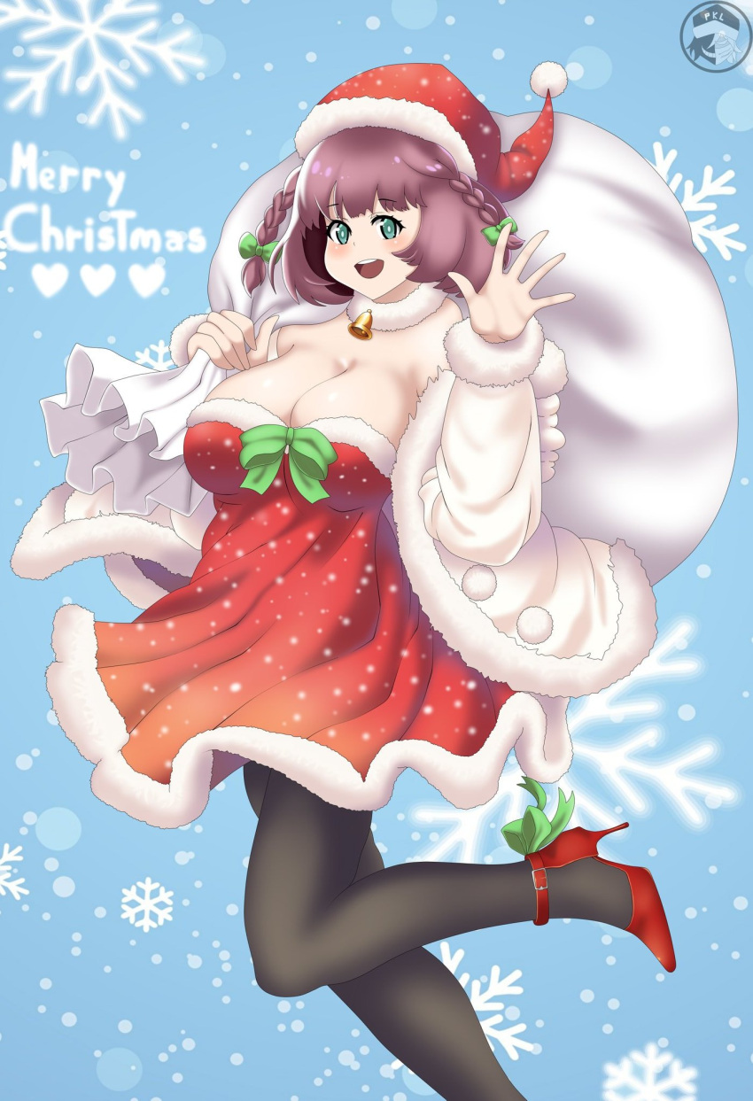 1girls 2021 aqua_eyes bag beatriz_(metal_slug) black_socks black_thighhighs blush breasts christmas christmas_outfit female female_focus female_only happy_face happy_female hi_res long_socks looking_at_viewer medium_breasts metal_slug metal_slug_attack pink_hair simple_background snk the_perkalx92