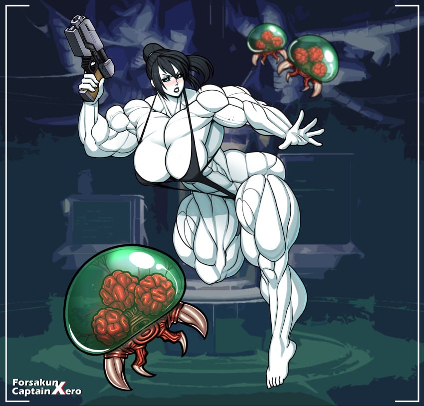 alternate_breast_size biceps big_muscles bikini black_hair black_sclera blue_eyes breasts busty captainxero cleavage dark_samus female forsakun gun large_breasts legs metroid metroid_(creature) muscles muscular muscular_female muscular_thighs nintendo pale-skinned_female pale_skin ponytail sling_bikini solo thick_thighs weapon