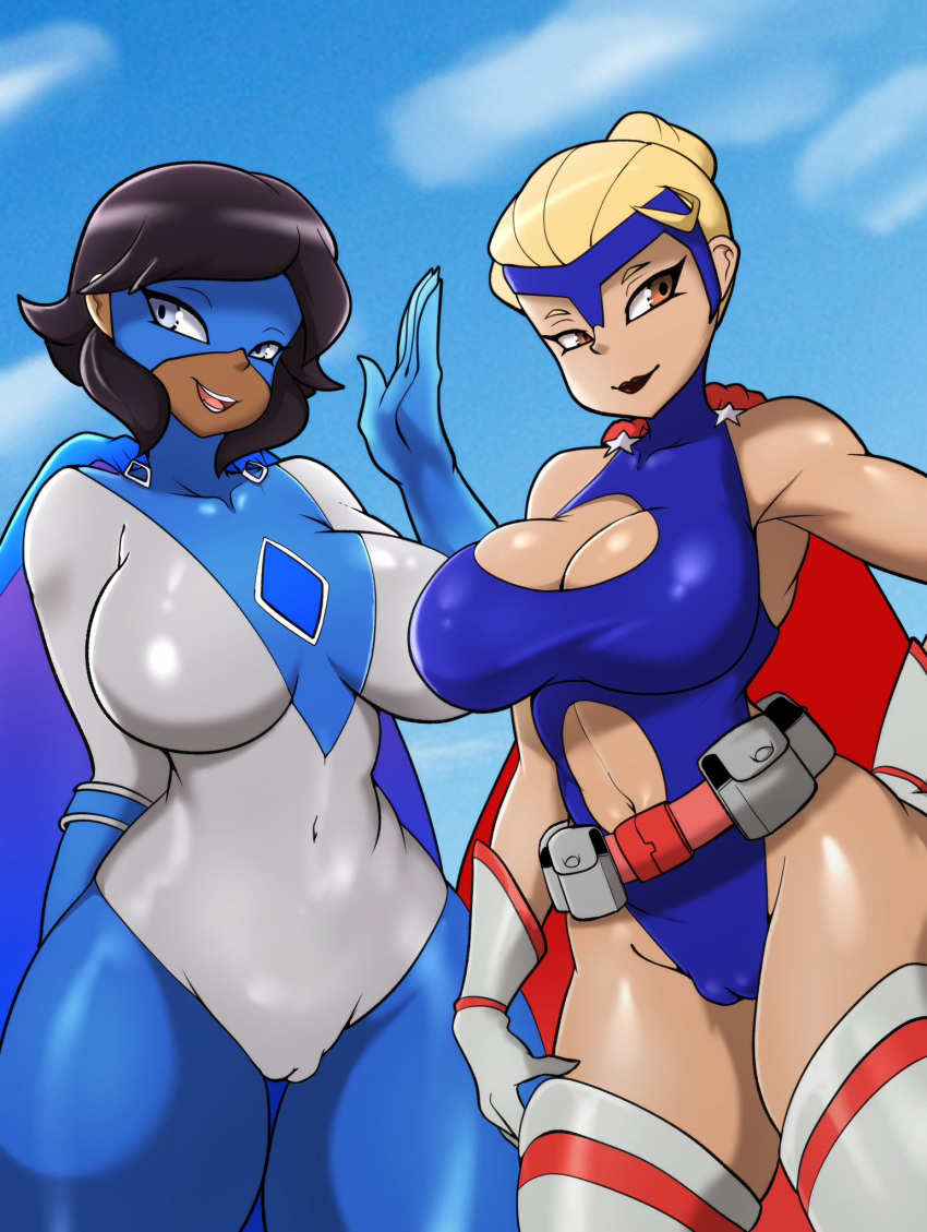 2girls big_breasts black_hair blonde_hair blue_eyes breasts cameltoe cape cleavage dark-skinned_female dark_skin day female female_only flagwaver_(ryrukin) gloves large_breasts light-skinned_female light_skin lipstick mask midriff multiple_girls navel orange_eyes original_character original_characters outdoors outside pussy seaworthy short_hair superhero superheroine tagme thick_thighs thighs zzvinniezz