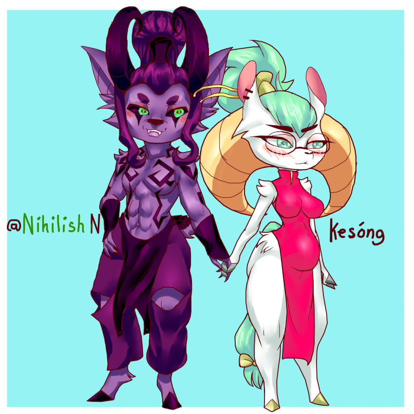 1boy 1girls bat cute demon demon_hunter female fox furry fursona goat horns kesong male muscular_male nihilish_(nihilishn) nihilishn pangolin pregnant tattoo tattoos xingzuo_temple