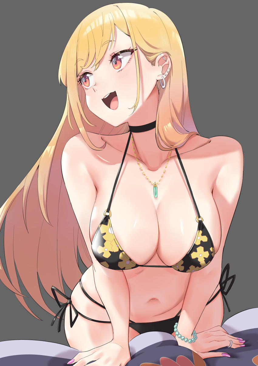 1girls absurdres big_breasts bikini black_choker blonde_hair bracelet breasts chen_yang_yang choker cleavage ear_piercing earrings grey_background gyaru highres jewelry kitagawa_marin large_breasts light-skinned_female light_skin long_hair long_nails nail_polish necklace open_mouth orange_eyes piercing purple_nails red_eyes ring side-tie_bikini simple_background smile sono_bisque_doll_wa_koi_wo_suru swimsuit