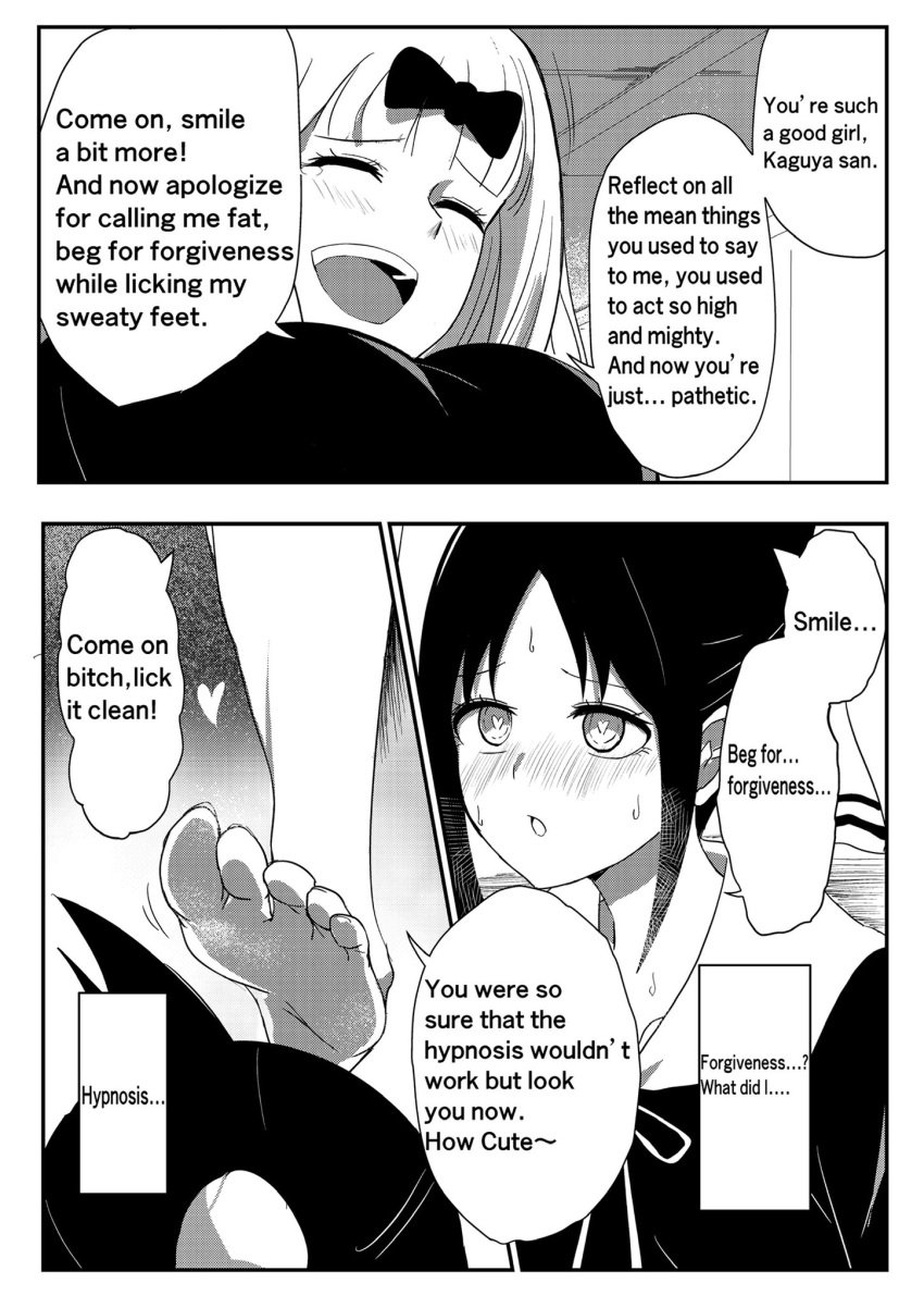 2girls barefoot big_breasts black_and_white black_hair blue_eyes blush bow brainwashing ceiling_tiles comic corruption degradation english_text feet female foot_fetish foot_focus fujiwara_chika heart heart-shaped_pupils hypnosis in_love kaguya-sama_wa_kokurasetai_~tensai-tachi_no_renai_zunousen~ laughing mind_break mind_control movement_lines pink_hair red_eyes shinomiya_kaguya smell smile smug sniffing speech_bubble stepped_on sweat text translated white_background yuri ze_r0_ze_r0