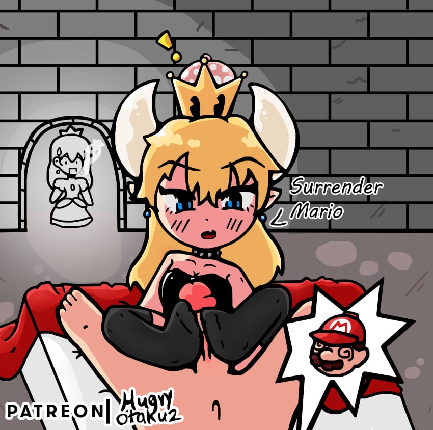 absurdres blonde_hair blue_eyes bowsette commission fanart feet female femdom footjob highres hungryotaku2 male mario mario_(series) new_super_mario_bros._u_deluxe nintendo penis princess_peach self_upload super_mario_bros.