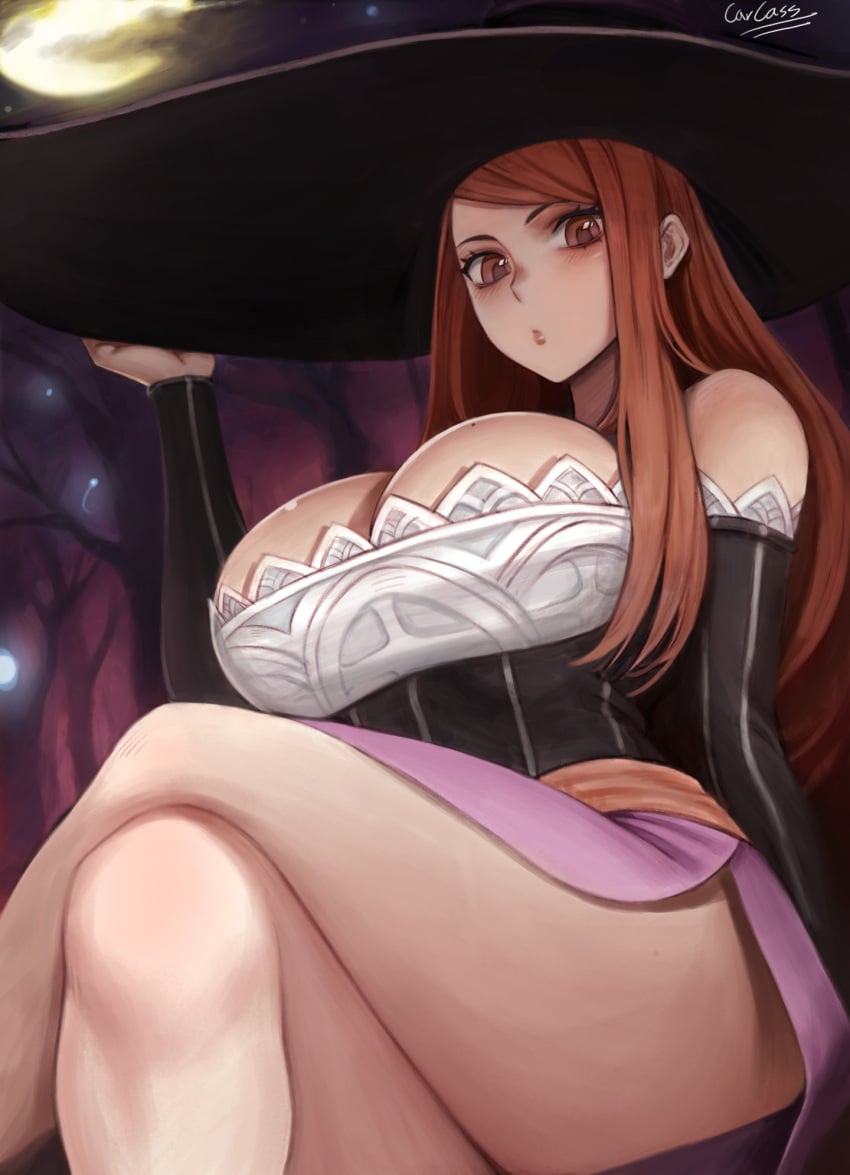 big_breasts big_hat big_thighs carcass_(artist) crossed_legs dragon's_crown fully_clothed hat looking_at_viewer looking_down mole mole_on_breast orange_eyes orange_hair short_skirt solo_female sorceress_(dragon's_crown) thigh_highs tight_clothing witch witch_hat