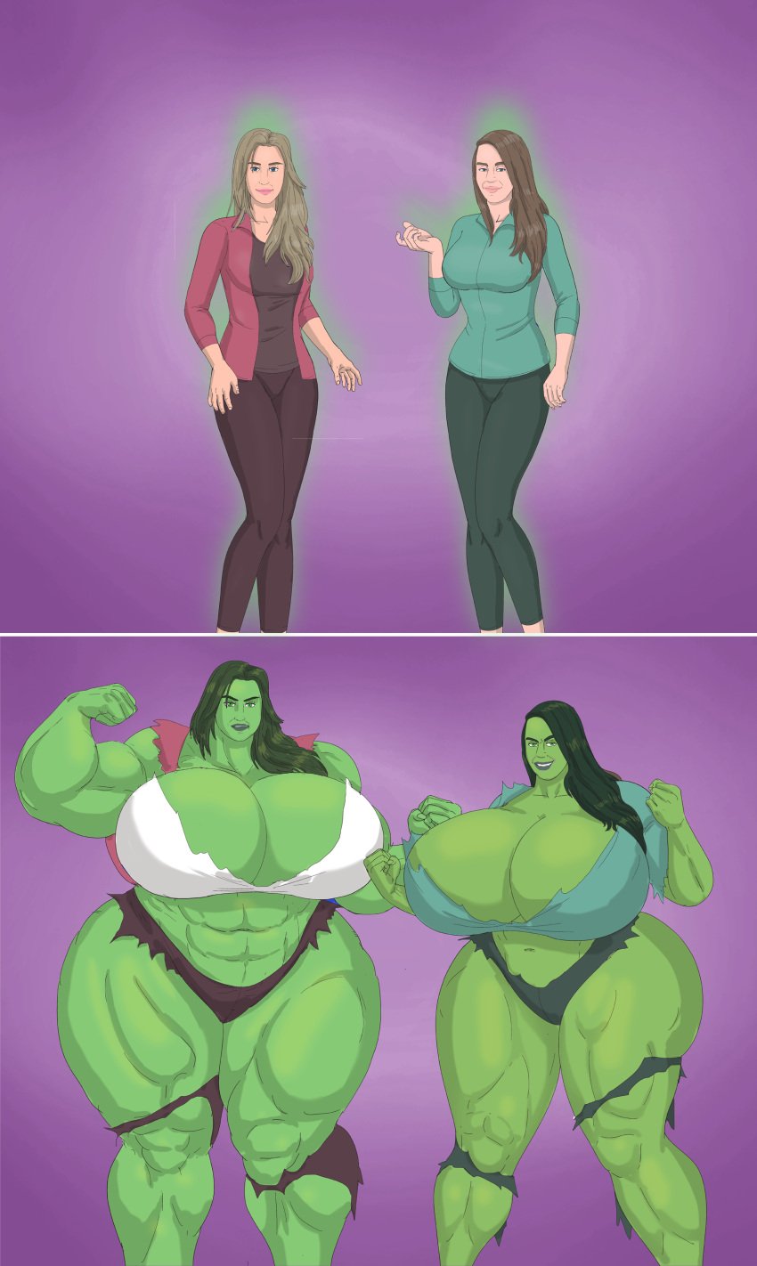 2girls abs big_breasts character_request female female_only flexing_bicep giant_breasts green-skinned_female green_hair green_skin huge_breasts huge_thighs hulked_out multiple_girls muscles muscular muscular_female original saturnxart simple_background tagme thick_thighs thighs torn_clothes torn_clothing transformation wardrobe_malfunction wide_hips