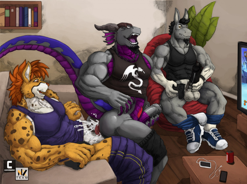 2021 anthro anthro_on_anthro asinus ass balls bara being_watched biceps boccob_(nexus) bodily_fluids bookshelf bottomwear bottomwear_down bulge chain_necklace cheetah chrono_eternae closed_eyes clothed clothing controller cum cum_in_ass cum_inside donkey dragon equid equine erection facial_hair felid feline footwear foreskin furniture game_controller gaming gay genital_fluids genitals goatee horn humanoid_genitalia humanoid_penis kojo_(nexus) looking_at_another looking_pleasured male mammal masturbation muscular muscular_male nexus open_mouth pants pants_down partially_clothed pecs penile penile_masturbation penis plant shirt shoes shorts sitting sofa story story_in_description tank_top topwear