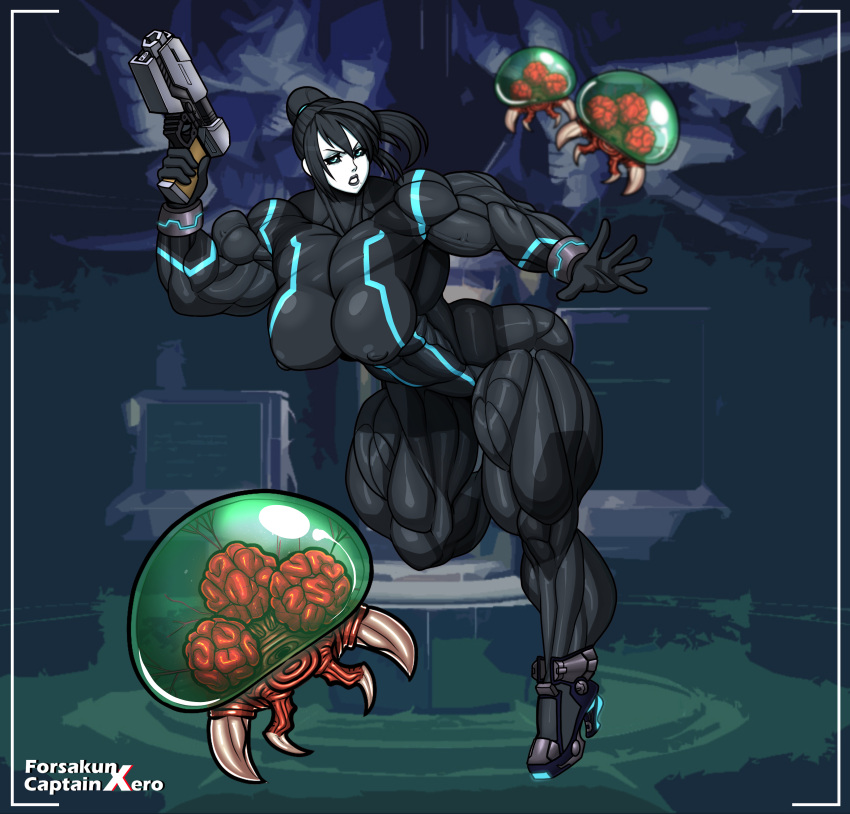 alternate_breast_size biceps big_muscles black_hair black_sclera blue_eyes breasts busty captainxero dark_samus dark_zero_suit_samus female forsakun gun large_breasts legs metroid metroid_(creature) muscles muscular muscular_female muscular_thighs nintendo pale-skinned_female pale_skin ponytail solo thick_thighs weapon zero_suit