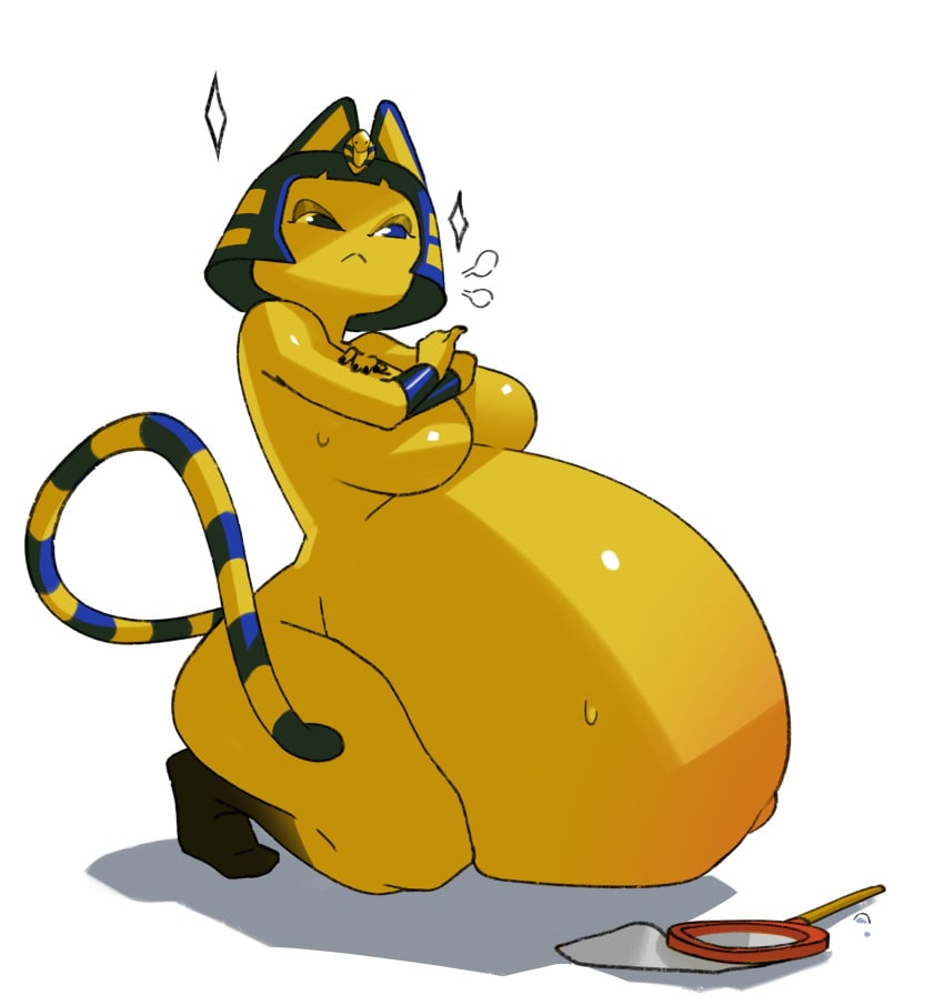 2021 animal_crossing ankha anthro belly big_belly breasts covering_breasts female furry large_belly nintendo precioustimespent pregnant source_request thighs torpedo_belly vore yellow_fur