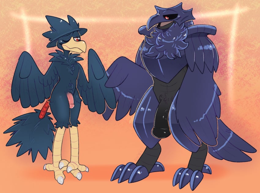 2021 absurd_res avian broad_shoulders corviknight crownedvictory duo flaccid genitals girly hi_res male male/male murkrow nintendo penis pokémon_(species) pokemon simple_background size_difference stocky tagme video_games