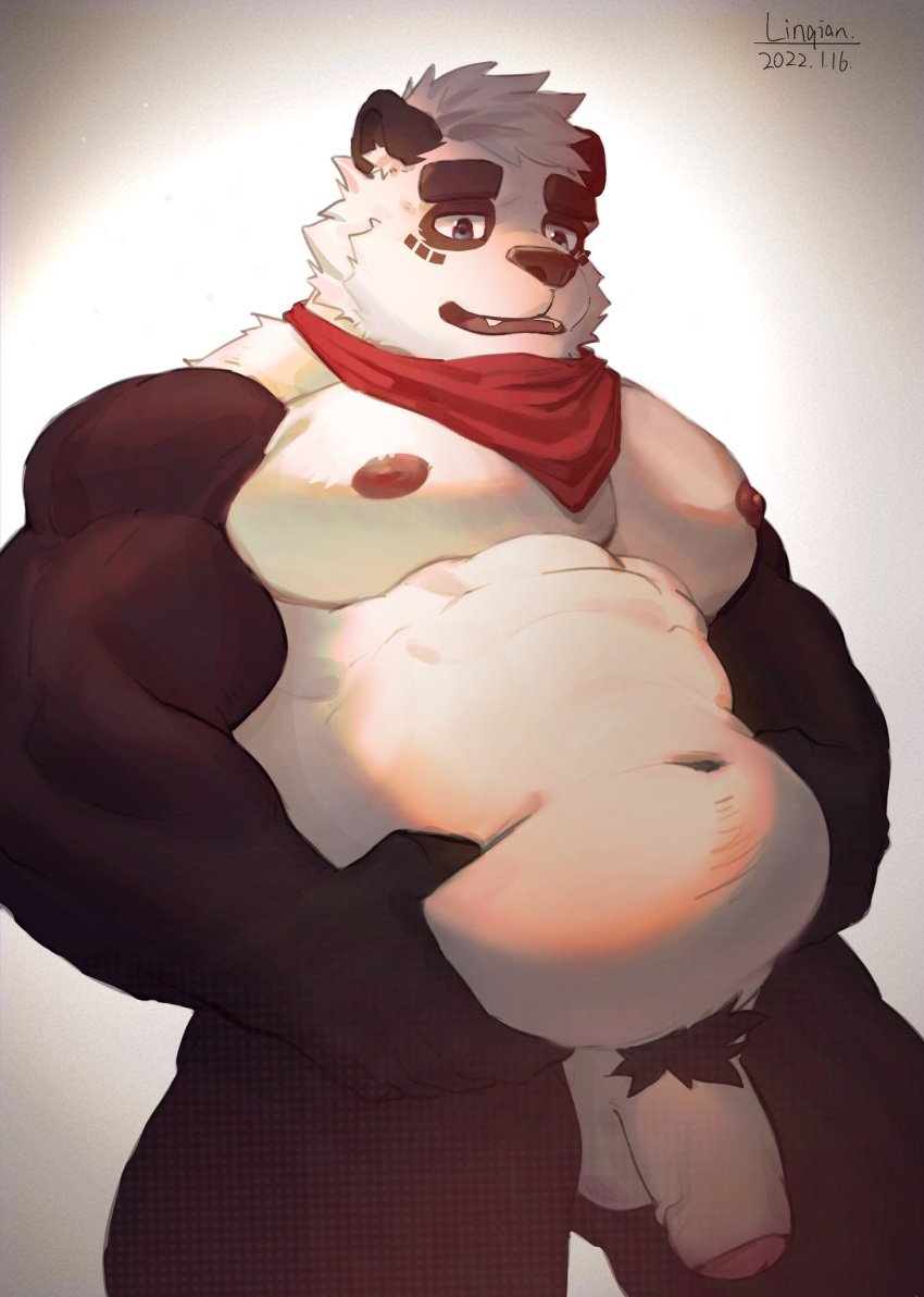 2022 anthro balls belly black_body black_nose flaccid genitals giant_panda hi_res humanoid_genitalia humanoid_penis kemono linqianbuzai male mammal moobs navel nipples overweight overweight_male penis pubes solo ursid white_body