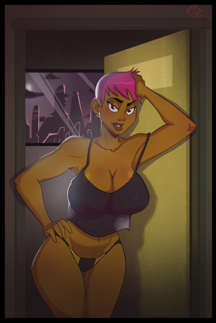 1girls areola areolae armpit armpits batman_(series) batman_beyond big_breasts blush breasts city cityscape cleavage curvaceous curvy curvy_female curvy_figure dark-skinned_female dark_nipples dark_skin dc dc_comics dcau door doorway female female_focus female_only gewd-boi hand_on_head hand_on_hip hips large_breasts lips looking_at_viewer max_gibson midriff night nipples nipples_visible_through_clothing panties pink_hair purple_hair see-through see-through_clothing shiny_skin short_hair skindentation smile smiling smiling_at_viewer solo solo_female solo_focus standing standing_in_doorway tank_top thick_lips thick_thighs thigh_gap thighs underwear very_short_hair voluptuous wide_hips window