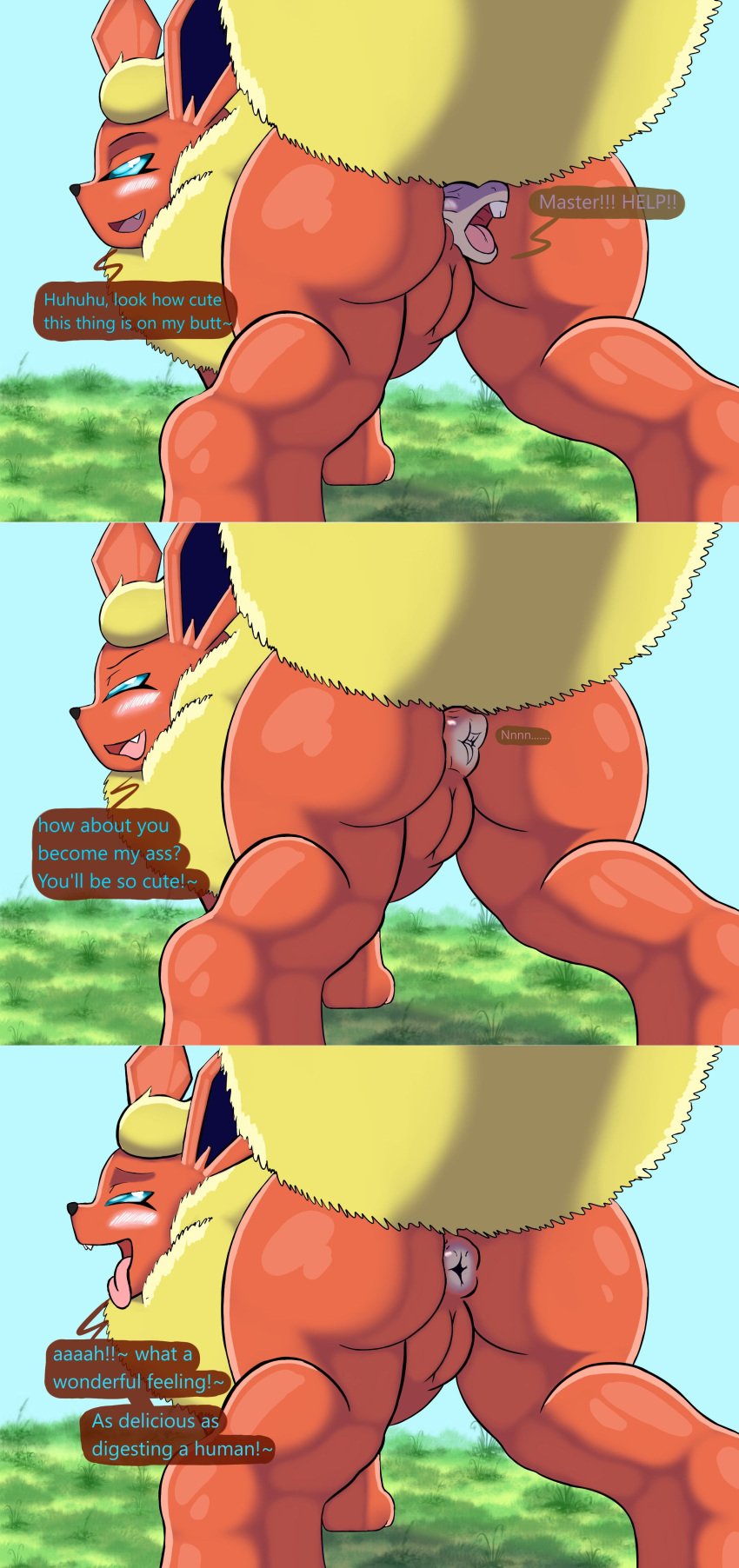 absurd_res anus anus_transformation ass big_butt duo eeveelution female feral flareon genitals half-closed_eyes hi_res justwhite larger_female male mischievous mischievous_smile narrowed_eyes nintendo pokémon_(species) pokemon pussy rattata size_difference smaller_male smile smirk transformation unwilling_prey unwilling_vore video_games vore