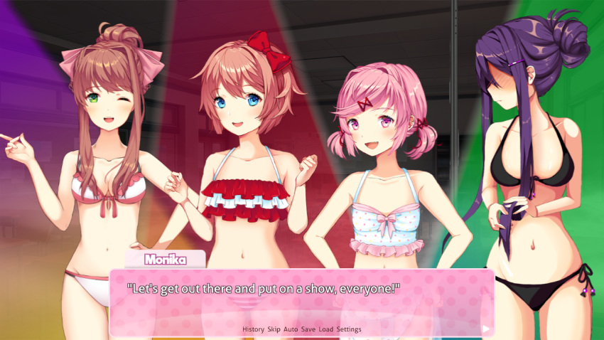 4girls belly_button bikini bikini_bottom bikini_top black_bikini blue_eyes blush brown_hair doki_doki_literature_club embarrassed female_only green_eyes happy midriff monika_(doki_doki_literature_club) multiple_girls natsuki_(doki_doki_literature_club) not_porn only_female open_mouth pink_bikini pink_eyes pink_hair pokadot_bikini purple_eyes purple_hair red_bikini sayori_(doki_doki_literature_club) sprite strawberry_blonde_hair strip_club white_bikini wink winking yuri_(doki_doki_literature_club)