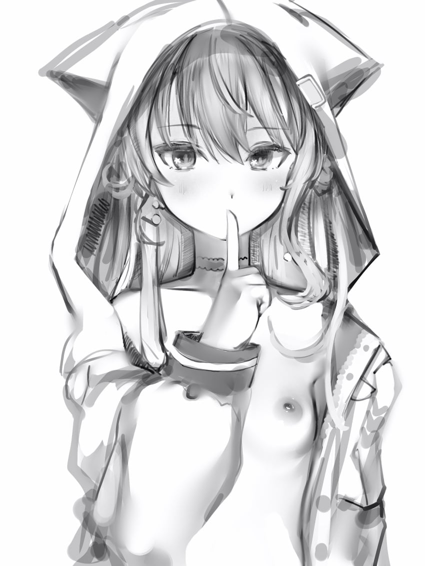 blush breasts choker covered_mouth earrings female finger_to_mouth greyscale hand_up highres hololive hololive_gen_0 hololive_japan hood hood_up hoshimachi_suisei index_finger_raised jacket jewelry looking_at_viewer monochrome naked_jacket nanashi_(nlo) nipples shushing simple_background small_breasts solo upper_body virtual_youtuber white_background