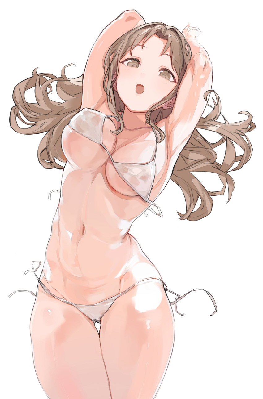 absurdres armpits arms_up bikini brown_eyes brown_hair commentary_request female female highres ichikawa_hinana idolmaster idolmaster_shiny_colors karya long_hair looking_at_viewer navel open_mouth side-tie_bikini solo string_bikini swimsuit white_background white_bikini