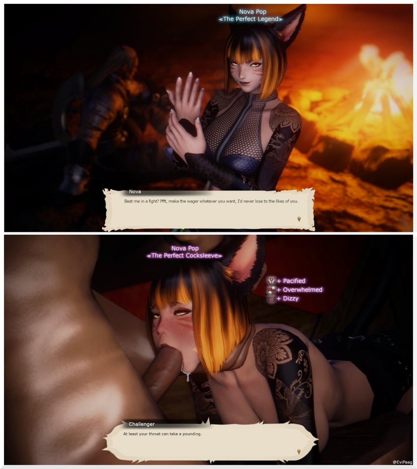 3d blowjob cat_ears catgirl cocksleeve debuff deepthroat english_text final_fantasy final_fantasy_xiv gameplay_mechanics gpose(ffxiv) instant_loss instant_loss_2koma miqo'te nova_pop pawgnova status_effect text title_drop