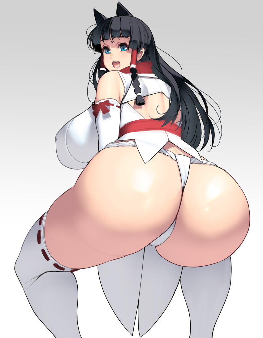 1girls ass big_ass big_breasts black_hair blue_eyes breasts female female_only huge_ass huge_breasts japanese_clothes masao miko original shrine_maiden solo tagme thong