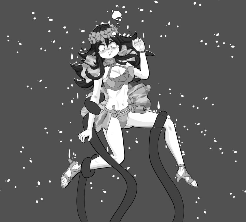 1girls absurdres air_bubble alternate_costume asphyxiation bikini breasts bubble cleavage commission commissioner_upload drowning feet female fire_emblem fire_emblem:_the_binding_blade fire_emblem_heroes flower greyscale head_wreath high_heels highres holding_breath lilina_(fire_emblem) long_hair markustercero monochrome nintendo official_alternate_costume peril sandals solo swimsuit tentacle tentacles underwater