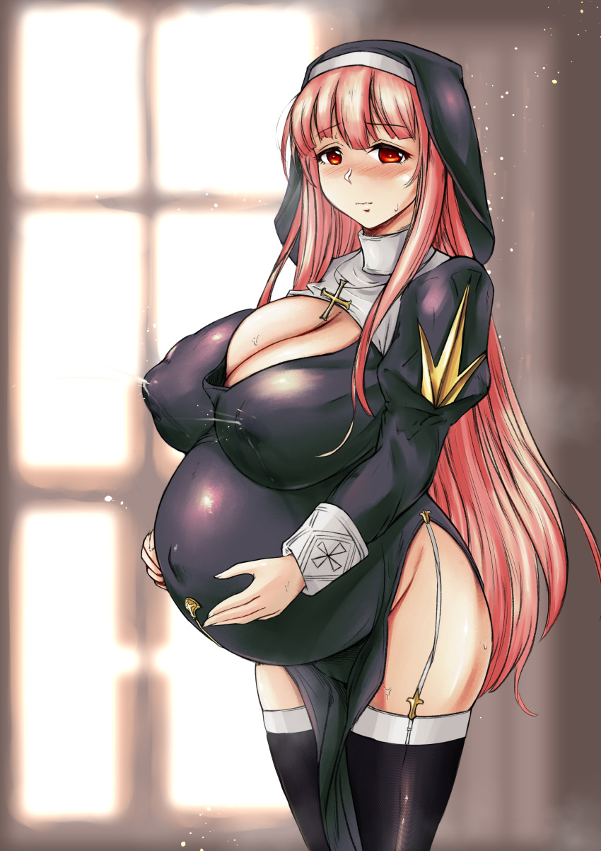 big_breasts black_legwear black_thighhighs blush cleavage cleavage_cutout female female_only garter_straps habit hands_on_belly hentai_rat holding_belly huge_breasts lactation lactation_through_clothes lactation_without_expressing long_hair long_sleeves looking_at_viewer nun nun's_habit pelvic_curtain pink_hair pregnant priest_(ragnarok_online) ragnarok_online red_eyes side_slit solo stockings sweat thighhighs