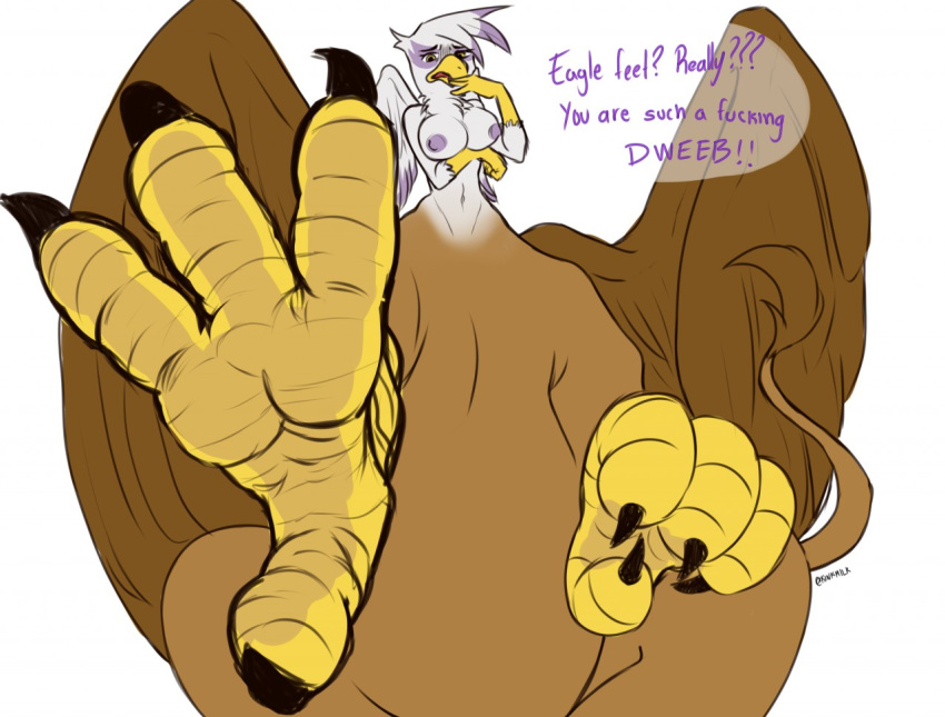 accipitrid accipitriform avian bird black_claws breast_support breasts brown_body brown_feathers brown_fur brown_wings claws dialogue eagle english_text feather_hair feathers female foot_fetish foot_focus friendship_is_magic fur gilda_(mlp) gryphon hand_on_mouth hasbro kinkmilk multi_wing my_little_pony mythological_avian mythology nipples pseudo_hair purple_body purple_feathers purple_fur purple_nipples purple_wings shaming simple_background slinkydragon_(colorist) solo supporting_breasts tail_tuft talking_to_viewer taur text tuft what white_background white_body white_feathers white_fur white_wings wings