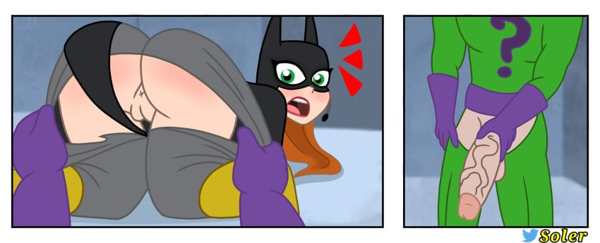 1boy 1girls anus ass barbara_gordon batgirl big_ass blush dc dc_comics dc_super_hero_girls edward_nygma imminent_rape imminent_sex light-skinned_female light-skinned_male partial_male pussy riddler ripped_clothing soler