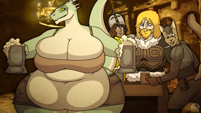 1girls 2boys anthro argonian ass barmaid bbw belly belly_overhang big_ass big_belly big_breasts breasts busty cleavage cleverfoxman deep_navel fantasy female female_focus huge_ass huge_belly huge_breasts ineffective_clothing khajiit love_handles lusty_argonian_maid male muffin_top nord obese obese_anthro obese_female overweight overweight_anthro overweight_female the_elder_scrolls thick_thighs tight_clothing voluptuous wide_hips