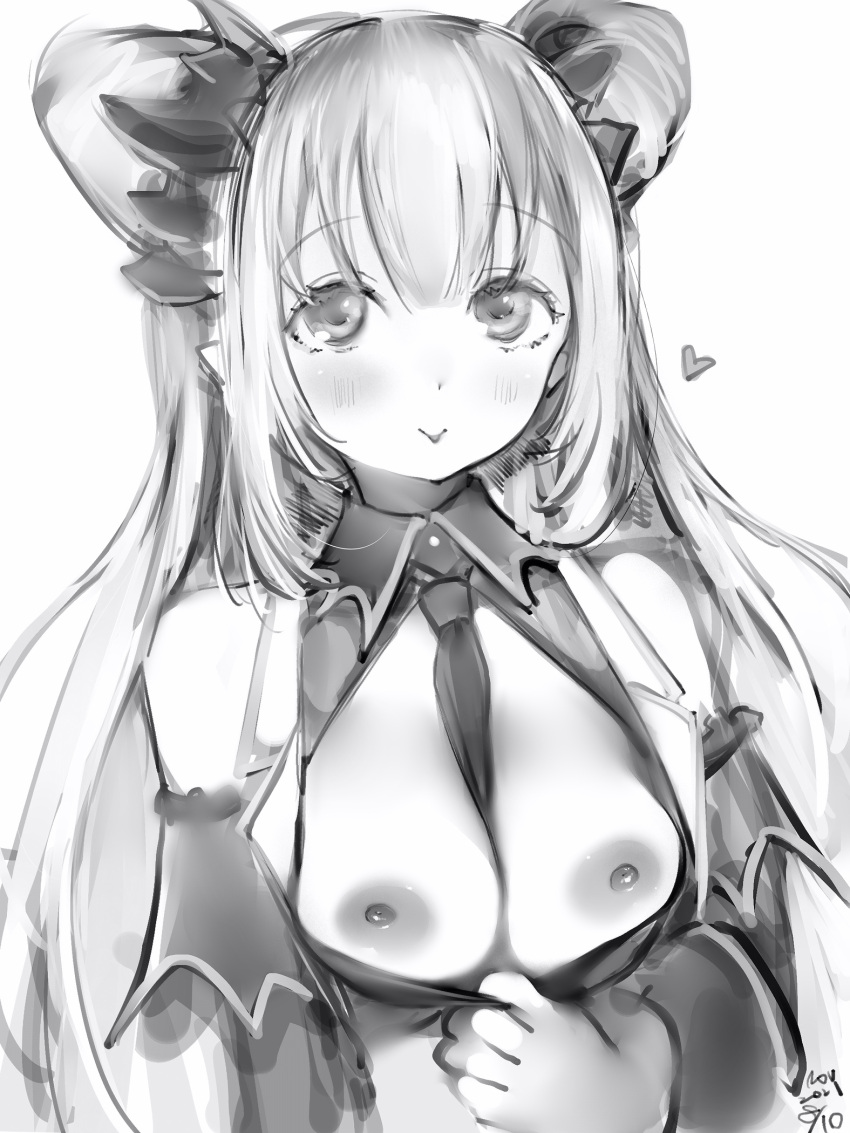 bare_shoulders between_breasts blush breasts breasts_out clothes_pull dated detached_sleeves double_bun female flashing greyscale heart highres honey_strap horns long_sleeves looking_at_viewer medium_breasts monochrome nanashi_(nlo) nanashi_inc. necktie necktie_between_breasts nipples shirt_pull simple_background smile solo suou_patra virtual_youtuber white_background