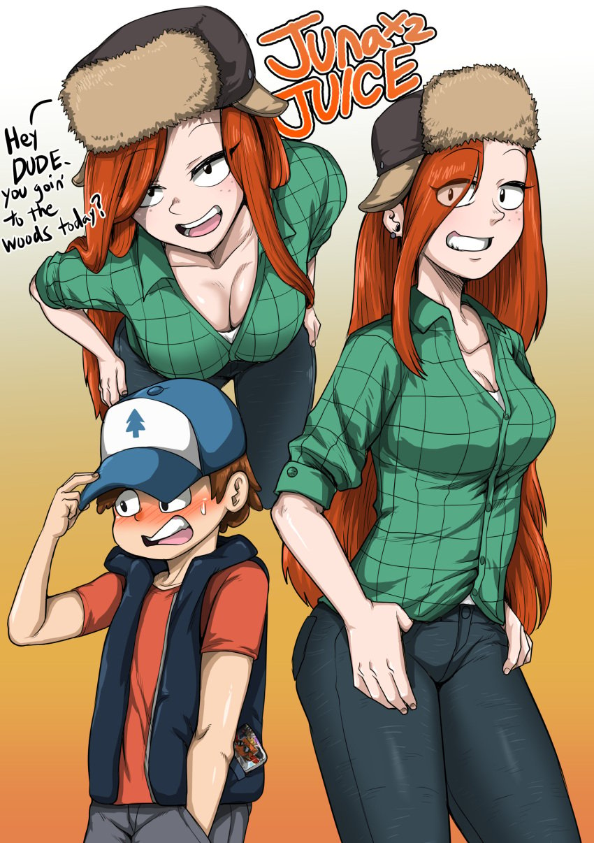 1boy 1boy1girl 1girl 1girls artist_name baseball_cap blush blush_lines brown_hair button_down_shirt cleavage clothed dipper_pines disney disney_channel disney_xd down_blouse english_text eyebrows_visible_through_hair flannel freckles freckles_on_face fully_clothed ginger gravity_falls jeans juna_juna_juice light-skinned_male older_female orange_hair pale-skinned_male pants pine_tree_(symbol) red_hair redhead shirt straight_hair sweat ushanka wendy_corduroy white_female