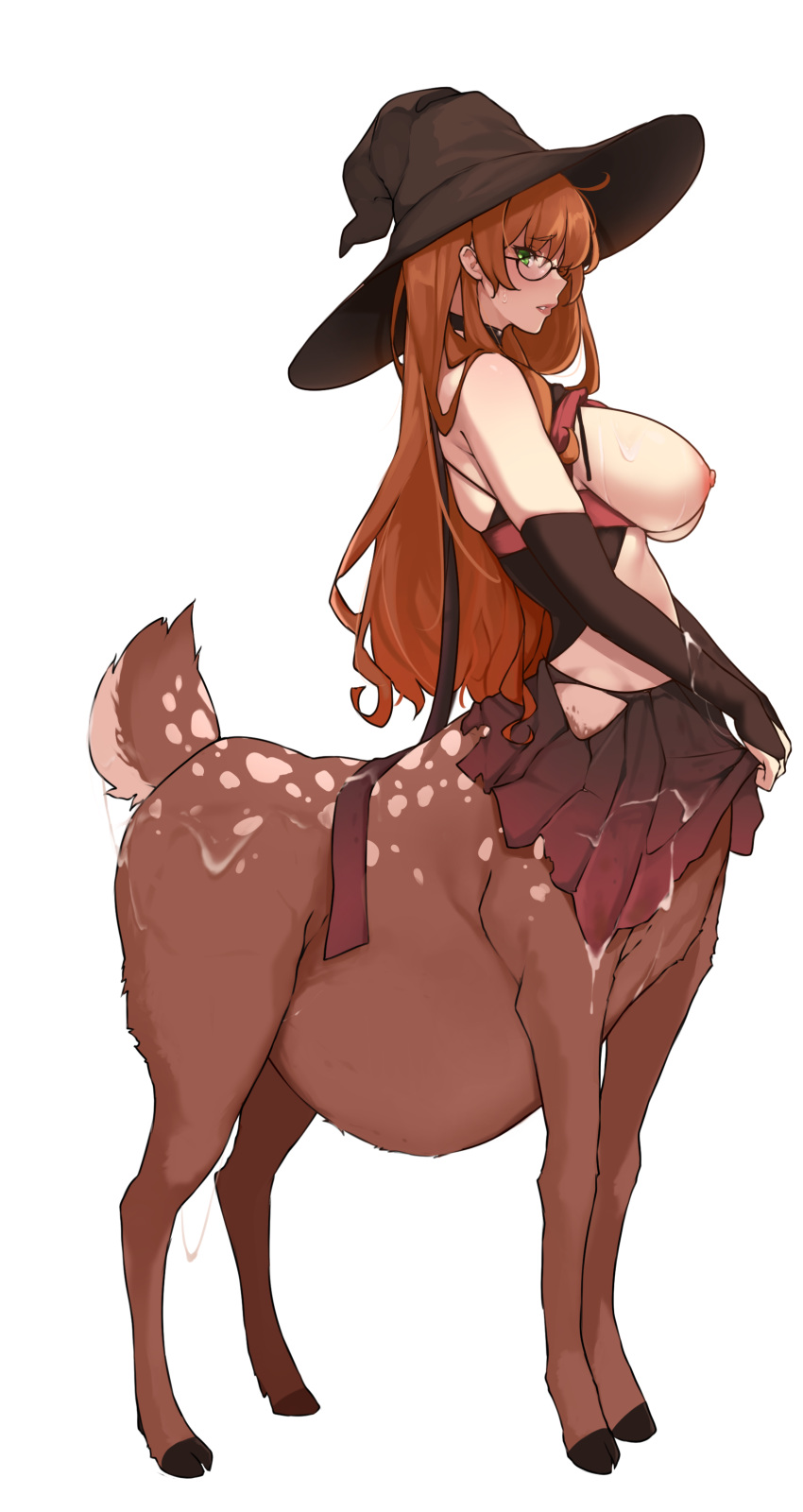 1girls absurdres bangs black_skirt blush breasts breasts_out bridal_gauntlets brown_fur brown_hair centauroid clothes_lift commission cum cum_on_body cum_on_breasts deer_tail deer_taur english_commentary eyebrows_visible_through_hair female from_side full_body glasses green_eyes hair_between_eyes hat highres large_breasts long_hair looking_at_viewer mammal monster_girl monsterification nipples original parted_lips pleated_skirt pregnant profile round_eyewear sidelocks simple_background skirt skirt_lift solo standing stomach tail taur todding white_background witch_hat