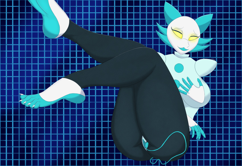 0v00w0_(artist) 5_fingers absurd_res anthro ass black_body blue_body blue_fur bodily_fluids bottomwear breasts clothing deltarune felid feline female fingers fur genital_fluids genitals glowing glowing_eyes hand_on_breast happy heart hi_res improvised_sex_toy looking_at_viewer machine mammal masturbation mostly_nude open_mouth penetration presenting presenting_hindquarters presenting_pussy pussy pussy_juice robot simple_background smile solo spread_pussy spreading tail_fetish tail_masturbation tail_play tasque_manager_(deltarune) thick_thighs undertale_(series) video_games white_body yellow_eyes