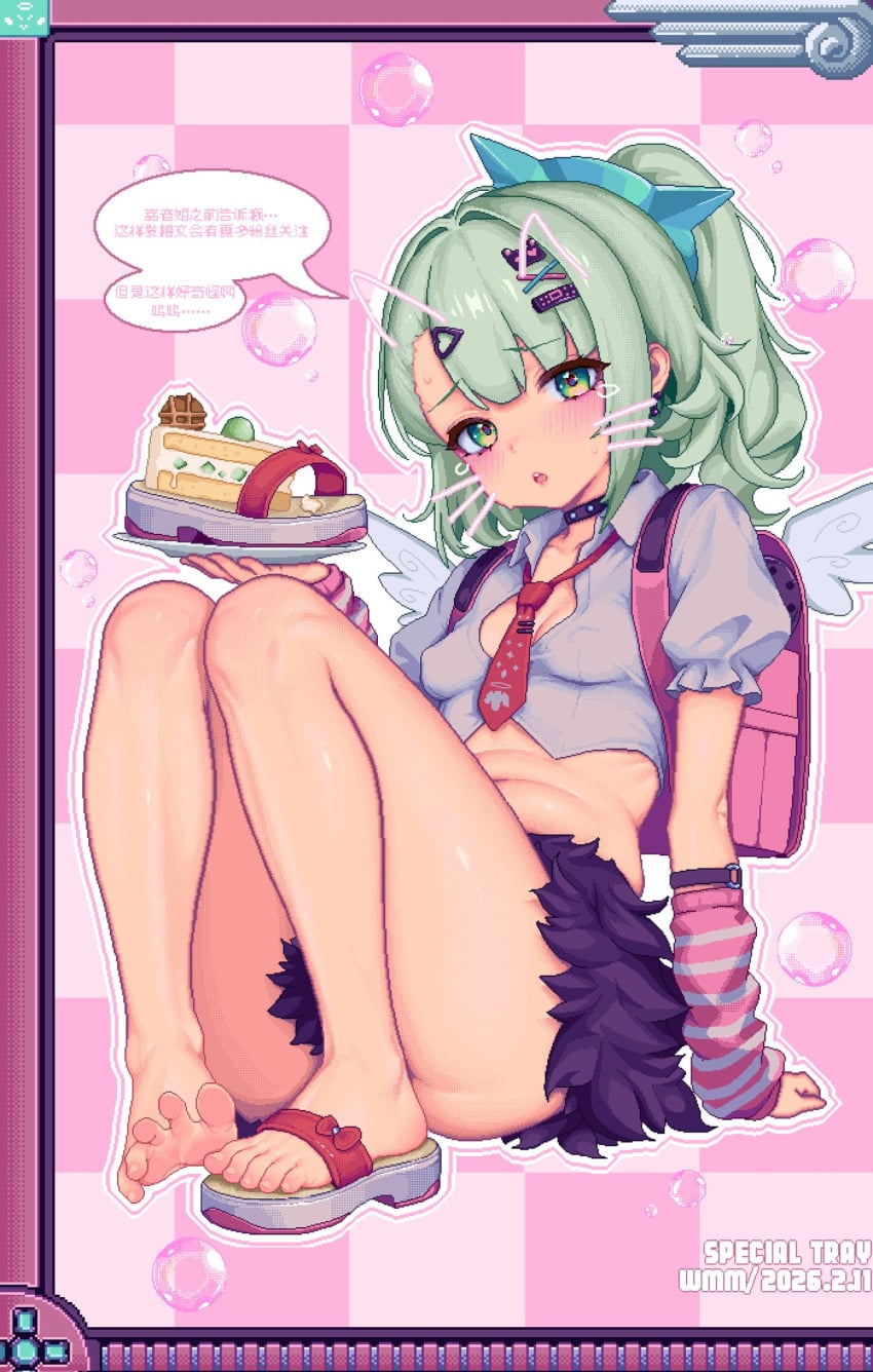 angels_of_delusion arm_support arm_warmers bandaid bandaid_hair_ornament bare_legs black_choker black_skirt blush breasts cake cake_slice choker cleavage commentary covered_erect_nipples cropped_shirt drawn_ears drawn_whiskers earrings english_commentary face_filter feet female food green_eyes green_hair hair_ornament heisei_retro highres holding holding_plate holding_sandals jewelry long_hair looking_at_viewer multicolored_arm_warmers multiple_hair_clips musical_note_earrings navel necktie one_side_up open_mouth pink_arm_warmers pink_bag pixel_art plate puffy_short_sleeves puffy_sleeves red_necktie sandals shirt shoes short_sleeves single_shoe sitting skirt small_breasts solo spread_toes striped_arm_warmers sunna_(zenless_zone_zero) sweat tears toes translated two-tone_arm_warmers uneven_bangs white_shirt white_wings winged_bag wings wmmzkl y2k_fashion zenless_zone_zero