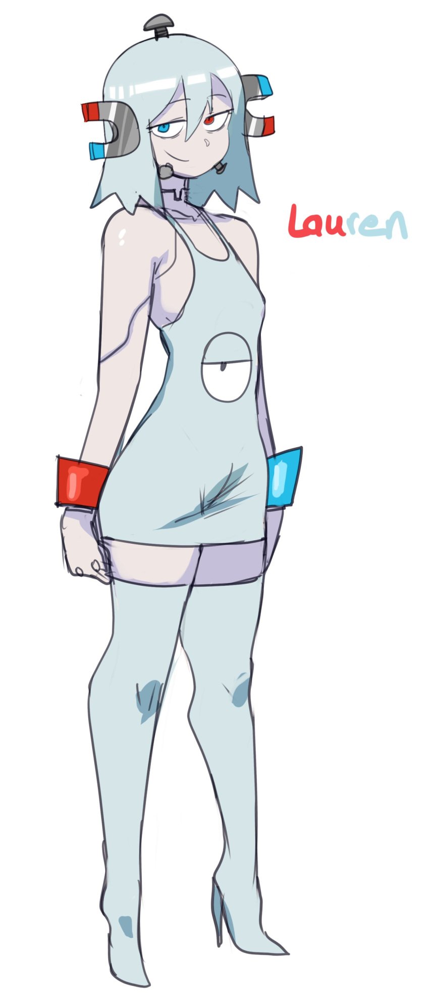 1girls blue_eyes boots female female_only full_body grey_hair heterochromia high_heel_boots high_heels humanized lightsource looking_at_viewer magnemite magnet medium_hair narrowed_eyes nintendo pokémon_(species) pokemon pokemorph red_eyes screw screw_in_head smiling smiling_at_viewer solo solo_female tank_top very_high_resolution white_background wrist_cuffs