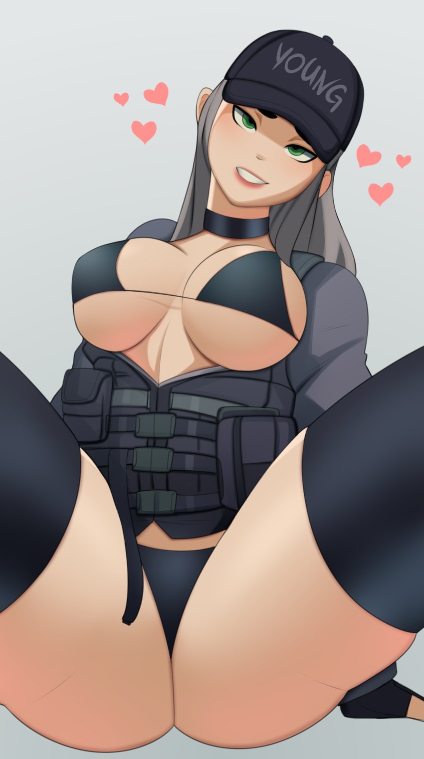 1girls baseball_cap between_legs bra breasts chigusa_(fortnite) choker cropped_legs female female_focus female_only fingerless_gloves fortnite green_eyes grey_background grey_hair jacket large_breasts legs_apart long_hair open_jacket panties plain_background postblue98 sitting straps string_bikini tagme text_on_clothing thighhighs thighs underboob