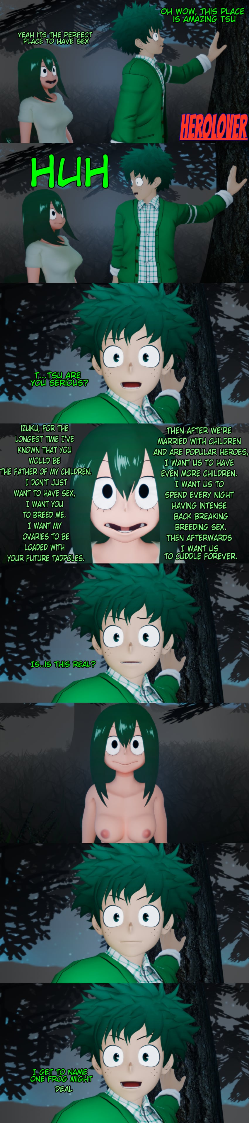 1boy 1boy1girl 1girl1boy 1girls 3d acceptance asui_tsuyu blender boku_no_hero_academia breasts_out casual casual_nudity comic comic_strip confident female forest forest_background frog green_eyes green_hair herolover human humor implied_sex izuku_midoriya midoriya_izuku my_hero_academia nude nude_female open_mouth silly straight text tits tits_out tsuyu_asui watermark
