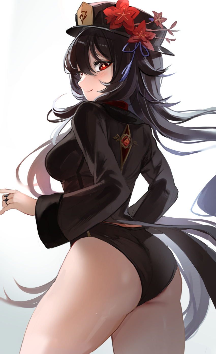 alternate_breast_size ass bangs black_hair black_panties blush breasts commentary english_commentary female flower from_behind genshin_impact hair_between_eyes hat hat_flower head_tilt highres hu_tao_(genshin_impact) jewelry large_breasts long_hair long_sleeves low_twintails panties plum_blossoms re0n red_eyes red_flower ring simple_background smile solo tassel twintails underwear vision_(genshin_impact)