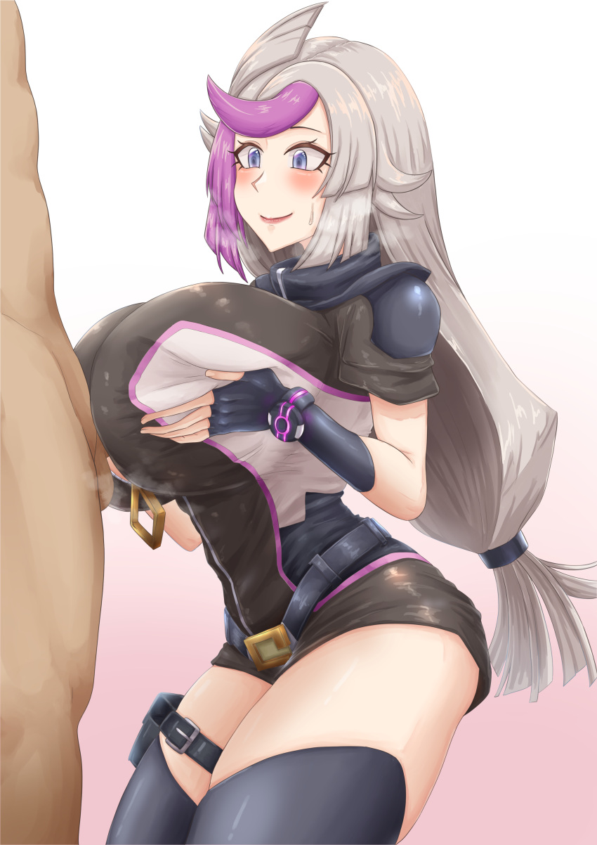 1boy 1girls black_gloves blue_eyes blush breast_grab breasts clothed_female_nude_male emma_bessho fingerless_gloves gloves huge_breasts light-skinned_female light-skinned_male light_skin lucienroseta paizuri paizuri_lead_by_female paizuri_under_clothes purple_hair smile sweatdrop two_tone_hair white_hair yu-gi-oh! yu-gi-oh!_vrains