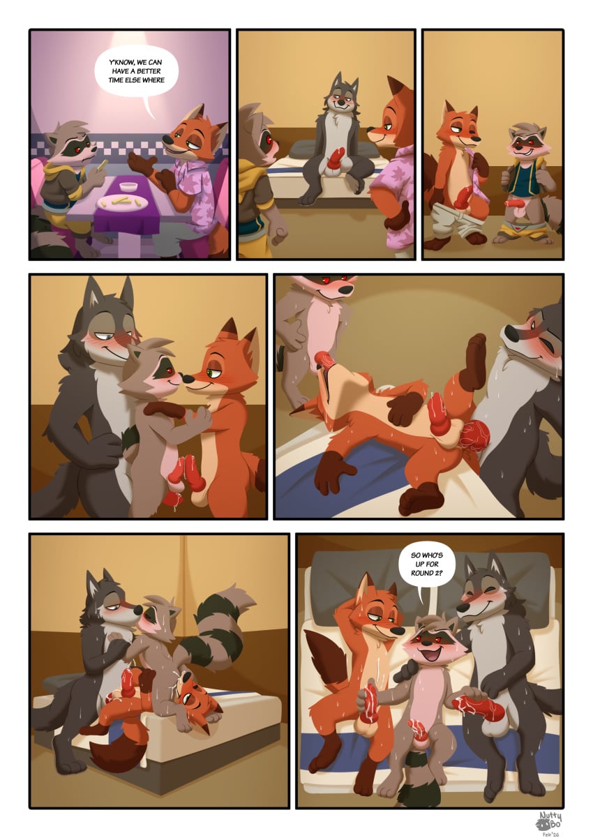 absurd_res anal anal_sex animal_genitalia animal_penis balls blush bodily_fluids brown_body brown_fur canid canine canine_genitalia canine_penis canis clothed clothing comic dialogue disney english_text erection fox fur genital_fluids genitals group group_sex guardians_of_the_galaxy hair hi_res knot male male/male male_penetrated male_penetrating mammal marvel nick_wilde nude nutty_bo officer_wolfard oral penetration penile penis procyonid raccoon red_fox rocket_raccoon sex smile speech_bubble tail text threesome true_fox undressing wolf zootopia