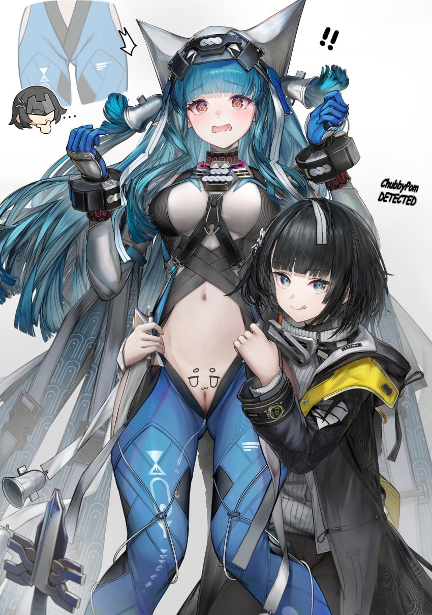 ! !! 2girls :q absurdres arknights arknights:_endfield black_coat black_hair blue_gloves blue_hair blue_hiphighs blunt_bangs breasts chibi chibi_inset closed_mouth coat commentary cropped_shirt embarrassed endministrator_(arknights) english_commentary feet_out_of_frame female_endministrator_(arknights) gloves helmet highres hiphighs irvinetope large_breasts last_rite_(arknights) long_hair long_sleeves multiple_girls navel open_clothes open_coat open_mouth pussy shirt short_hair smile standing sweater tongue tongue_out white_helmet white_shirt white_sweater