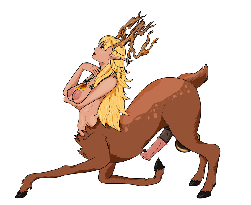 1futa absurd_res animal_genitalia animal_penis areola balls big_areola blonde_hair breasts brown_body brown_eyes brown_fur catthoggua_(artist) cervid cervid_taur cervitaur deer_taur druid equine_penis erection fur futa_only futanari genitals gynomorph hair hi_res horn huge_cock humanoid_pointy_ears intersex jewelry kneeling long_ears magic_user mammal mammal_taur necklace nipples orlaith_(corruption_of_champions_2) penis sheath solo taur tribal_spellcaster